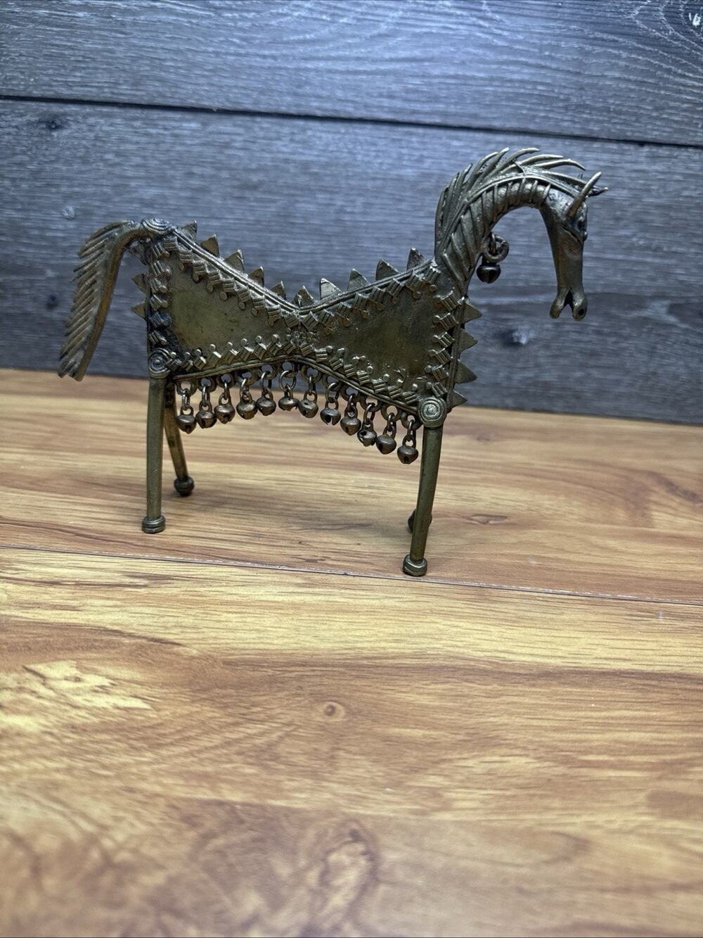 Vintage Tribal Metal Folk Art Horse Figurine with Dangling Bells Dhokra Style 8"